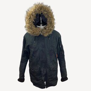 Superdry International Mens Black Military Parka Faux Fur Hood Button Zip Size M